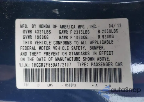 2013 Honda Accord Sport from USA, damaged, VIN 1HGCR2F55DA172107